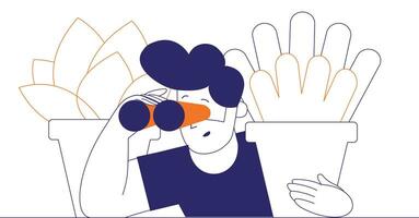 Man with binoculars. Vector illustration in flat linear style.