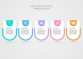 Simple infographic template 5 business options curved corner square White letters in the middle of multi-colored curved rectangular back. Above is a white icon on a colored background. vector