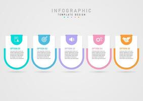 Simple infographic template 5 business options curved corner square White letters in the middle of multi-colored curved rectangular back. Above is a white icon on a colored background. vector