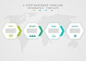 4 business steps Simple infographic template White hexagon letters and icons in the middle Multi-colored hexagonal patch outline outside the bottom map, gray gradient background. vector