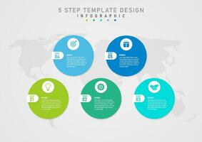 5 steps infographic template Multi-colored circles with white letters in the middle Top icon in white circle Below the map below Gray gradient background designed for business, marketing, products. vector