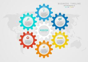 Infographic 6 steps to business planning to success Multi-colored hexagons with buttons in the middle of the letters and colored icons above. White hexagon in the center of the map below. vector