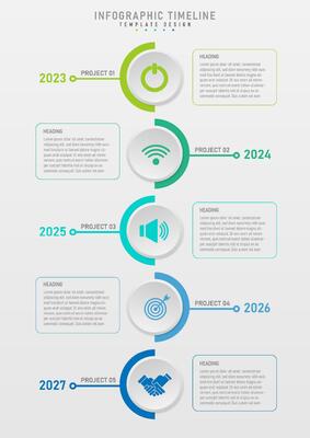 5 year timeline infographic. Vertical semicircular multi-colored Gray button above icon In the middle of the line there are year numbers at the end. Multi-colored line frame with letters in the middle