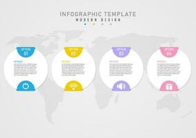 infografía modelo 4 4 opciones sencillo negocio blanco circulo texto parte superior centrar pastel de colores semicírculo multicolor parte superior y fondo blanco icono abajo el mapa abajo. gris degradado antecedentes vector