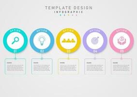 Infographic 5 business options multi colored circle template There is a colored icon in the bottom center with a square outline and letters on a gray gradient background. vector