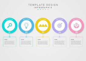 Infographic 5 business options multi colored circle template There is a colored icon in the bottom center with a square outline and letters on a gray gradient background. vector