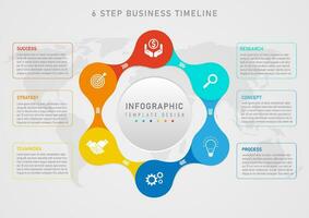 Infographic template 6 Business planning steps for success Multi-colored circles lined white icon In the center of the outline are the letters on the left and right of the map below. vector