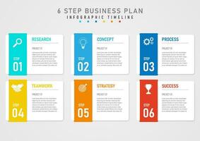 infographic template 6 steps business plan to success white squares letters on the right The multi-colored square bar on the left has a white icon above it. Below are numbers gray gradient background vector