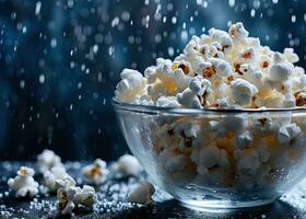 AI generated popcorn falling from bowl on wooden table photo