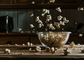 AI generated popcorn falling from bowl on wooden table photo
