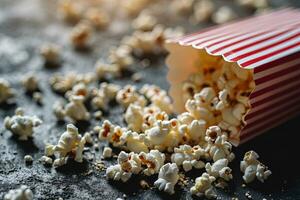 ai generado entrada boleto a el cine con palomitas de maiz alrededor foto