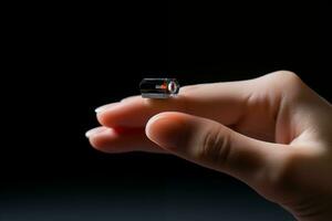 AI generated ultra small holographic photo camera of the future used in human finger