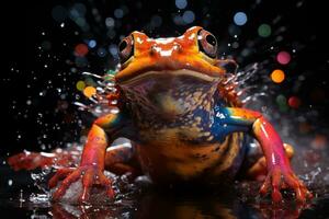 AI generated rainbow frog on rainbow lightning background photo