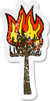 retro distressed sticker of a cartoon tree on fire png