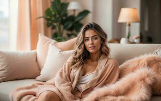 AI generated Cozy lifestyle of a woman lounging in a room adorned with Peach Fuzz palette accents, including plush pillows, a soft throw blanket, and subtle wall art, creating a warm photo