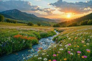 AI generated A green meadow , under a peaceful sky, vibrant with the beauty of a summer sunrise, wildflowers in bloom, a sparkling river flowing, and lush green hills photo