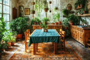 AI generated An airy and trendy dining room, bohemian-inspired with a mix of vintage and modern furniture, an eclectic collection of hanging plants and colorful textiles photo