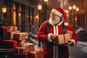 AI generated A courier delivering holiday packages adorned with Santa hats, emphasizing the joy of giving and receiving gifts during the season. photo