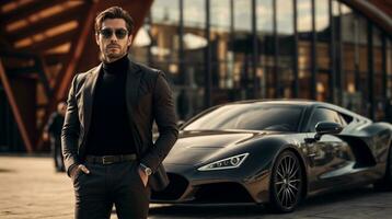 AI generated A fashionable man in designer sunglasses and casual chic attire, posing next to a high-end sports car, the scene set against the backdrop of a modern architectural structure photo