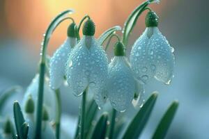 AI generated Snowdrop flowers with dew drops on their petals, blooming in a tranquil garden setting, peaceful and pure, soft pastel background photo