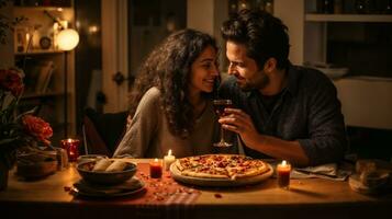 ai generado acogedor y atractivo escena de un Pareja compartiendo un Pizza en un romántico fecha noche a hogar, el Pizza metido en un encantador a cuadros paño, mejorando el íntimo y amoroso atmósfera foto