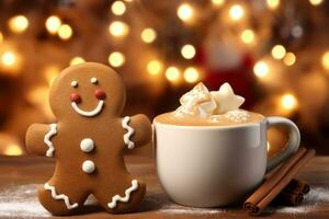 AI generated A smiling gingerbread man beside a steaming cup of hot cocoa with marshmallows. The background includes a cozy, festive kitchen scene, emphasizing the warmth of the holiday season. photo