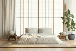 AI generated A minimalist Japanese bedroom design with a futon mattress set directly on the tatami floor. The room has a calm and clean aesthetic, with natural wood bedside tables. photo