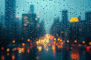 AI generated View through a windowpane covered in water droplets, creating a mosaic of the busy cityscape outside, abstract and dynamic, contrasting the sharpness of the droplets photo