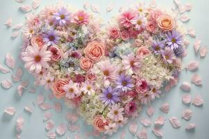 AI generated Heart-shaped floral arrangement, soft and romantic color palette with pastel shades, a dreamy and affectionate atmosphere photo