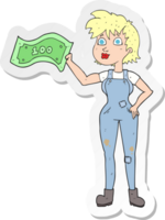 sticker of a cartoon confident farmer woman with money png