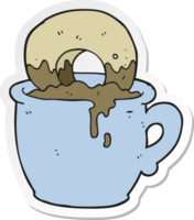 sticker of a cartoon donut dunked in coffee png