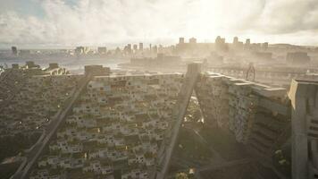 A cityscape with towering skyscrapers seen from above video