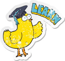 retro distressed sticker of a cartoon bird with learn text png