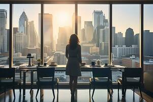 AI generated Businesswoman standing in office room in front of big window create by AI generated photo