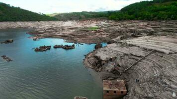 Aceredo ghost village emerges from cracked earth, drought in Galicia Aerial View video