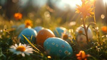 ai generiert Ostern Eier inmitten Frühling blühen Sonnenschein video