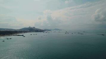 Serene Coastal Horizon with Boats Aerial video