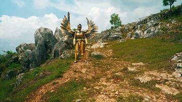 a warlord in a golden wing costume stands boldly and decisively on a cliff with white clouds video