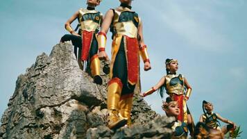 uma grupo do real cavaleiros estava em pé em uma Rocha penhasco enquanto vestindo dourado armaduras fantasias video