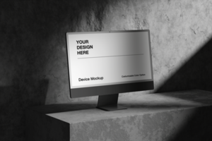 3d device computer mockup with modern dark background and realistic shadow psd