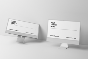 Minimalist computer mockup with realistic scene and shadow background psd
