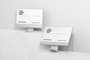 computer mockup on minimalist modern scene and wall background psd