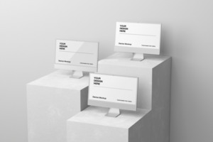 Computer display mockup with realistic scene with wall detail psd