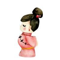 ilustración. mini de madera juguete de niña en tradicional coreano rojo vestido. chino san valentin día qixi . mano dibujado acortar Arte para boda, tarjeta, invitación diseño vector