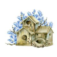 Watercolor wooden birdhouse with nest willow branches and spring lilac blue blooming flowers illustration. Happy Easter composition for invitation, greeting card, label, logo design. Spring decoration vector