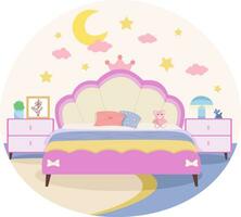 simple room illustration, with bedside tables, painting, flower, lamp, moon and stars, vector illustration