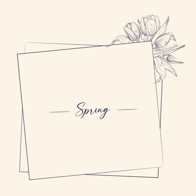 Tulips square frame for card or invitation. Vector illustration, spring flower drawn in blue ink.