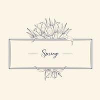 Rectangular composition with tulips with space for text. Vector design for postcard, banner in spring concept. Black and white.