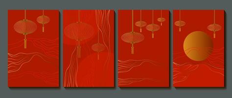 blank Chinese New Year greeting card with traditional lanterns. Vector illustration.