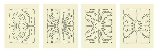 Vertical retro set groovy backgrounds with linear sunburst in style 60s, 70s. Trendy aesthetic graphic print. Vector illustration